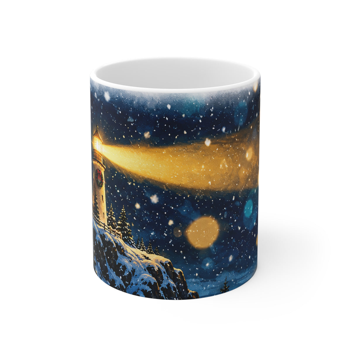 Lighthouse Winter Night Mug — Cozy Snowy Holiday Coffee Cup
