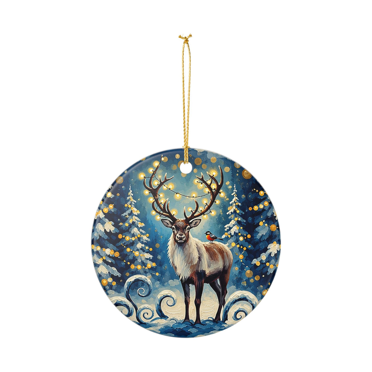 Ceramic Christmas Ornament – Winter Reindeer in Snowy Forest