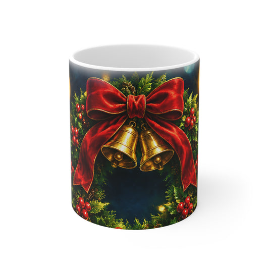 Christmas Wreath Mug 11oz – Festive Holly, Bells & Red Bow Holiday Coffee Cup