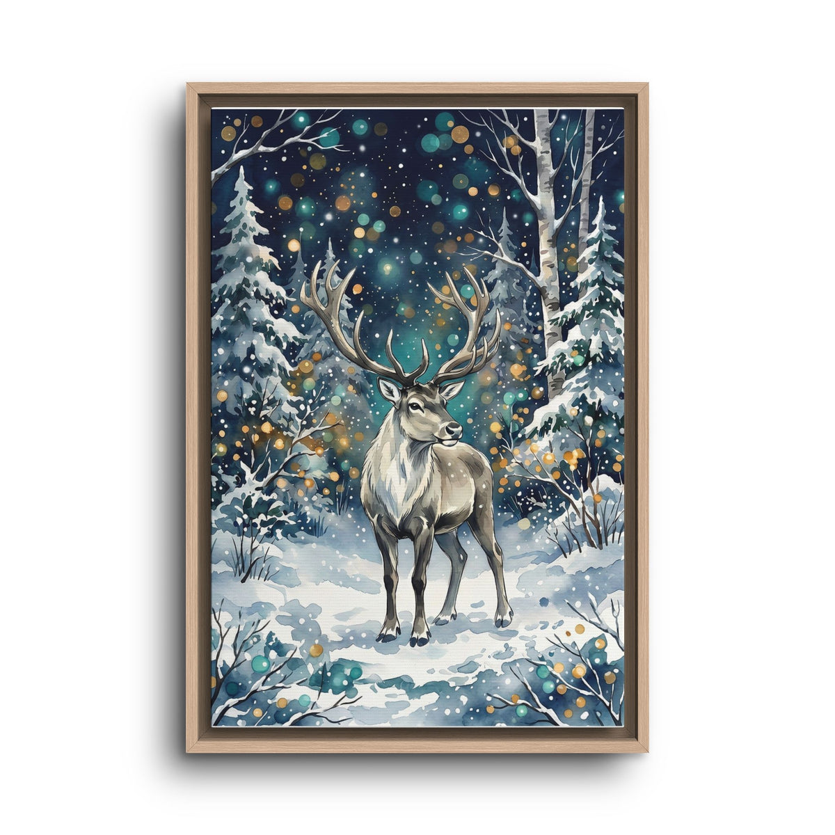 Framed Canvas Winter Reindeer in Snowy Forest