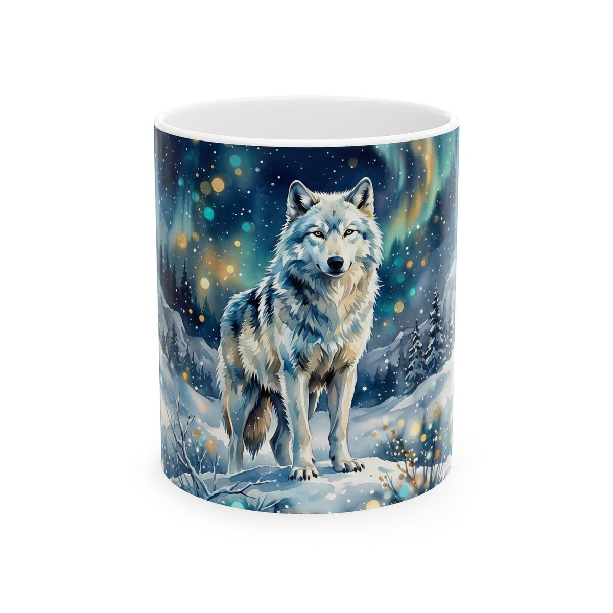 Winter Wolf Ceramic Mug – Mystical Moonlit Forest Wildlife Coffee Cup