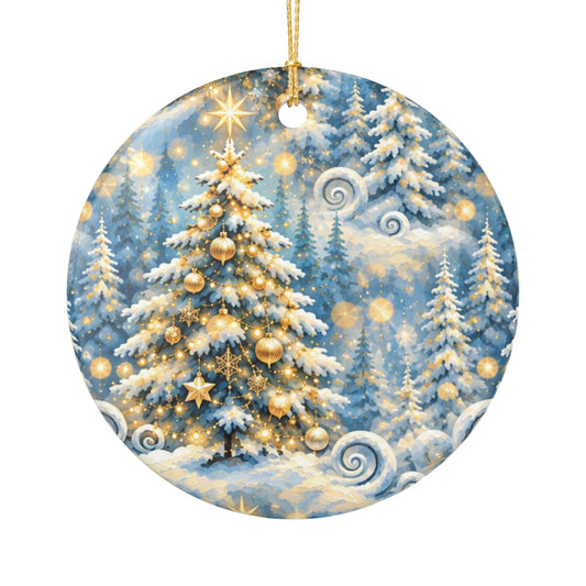 Snowy Gold Tree Ceramic Ornament — Winter Forest Christmas Decoration