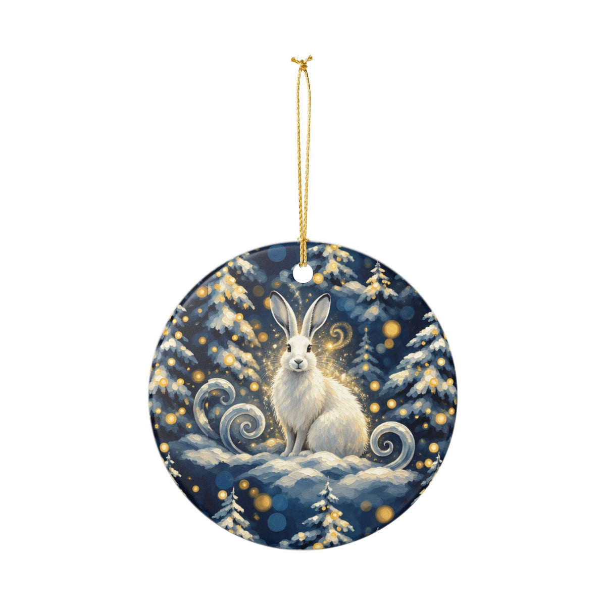 Snow Rabbit Ceramic Ornament — Winter Forest Holiday Decoration