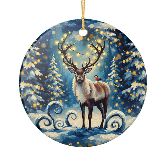 Winter Reindeer Ceramic Ornament — Hand-Painted Snowy Forest Holiday Decoration