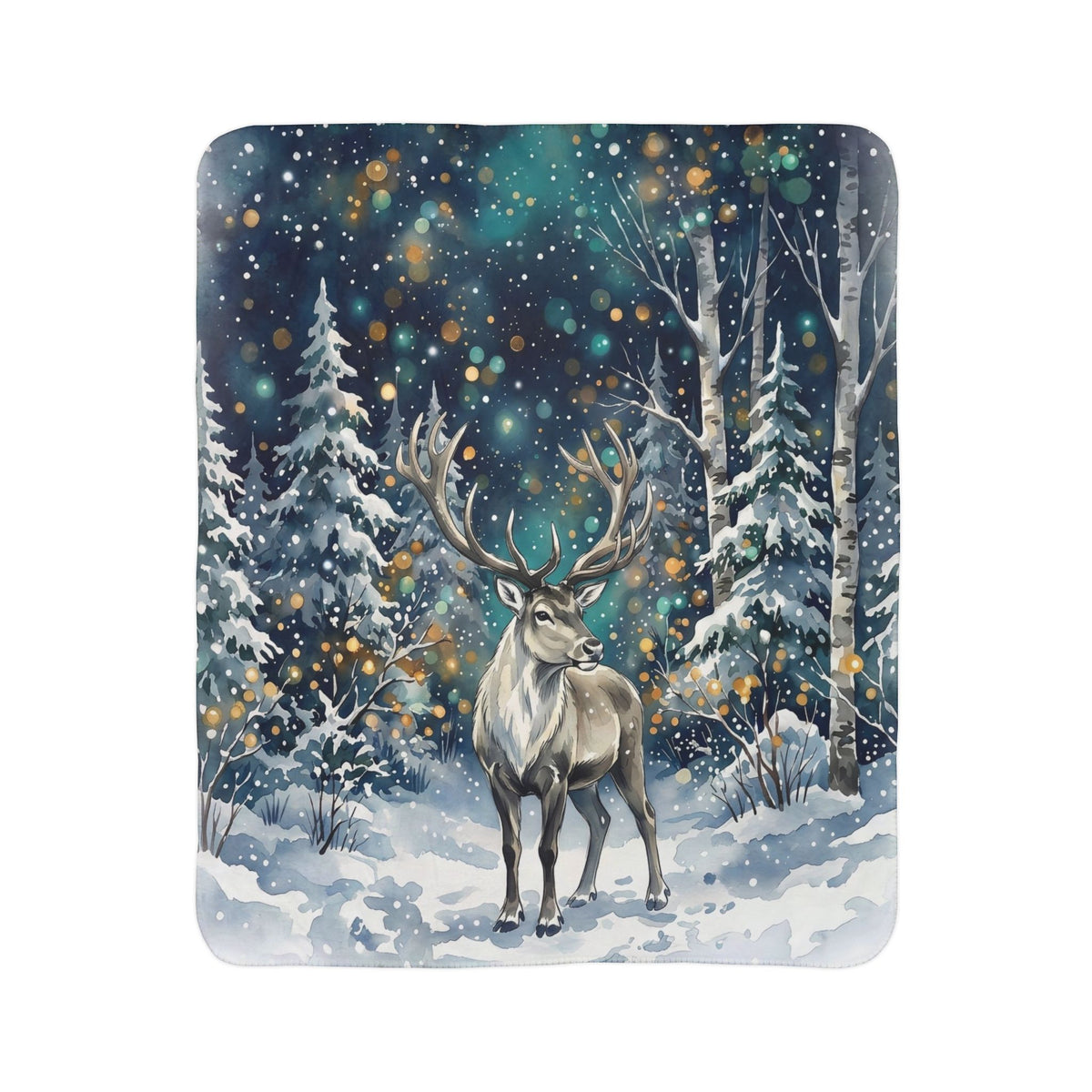 Winter Reindeer in Snowy Forest Fleece Sherpa Blanket