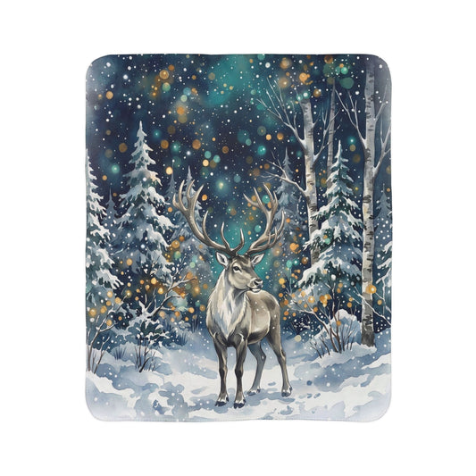 Winter Reindeer in Snowy Forest Fleece Sherpa Blanket