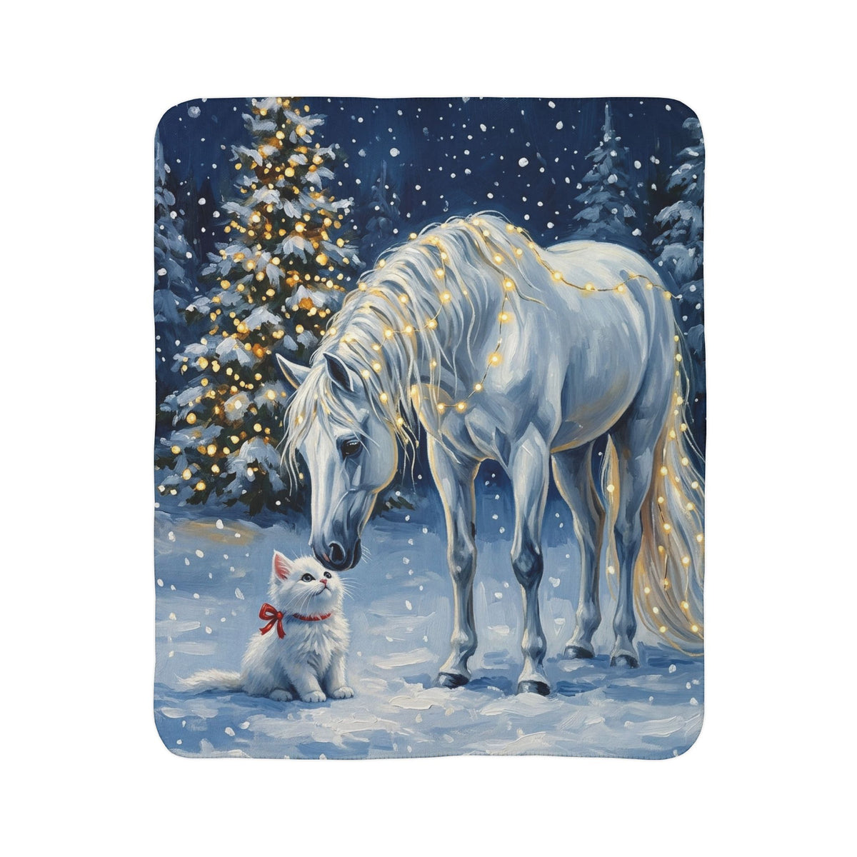 Fleece Sherpa Blanket – Magical Winter Unicorn and Kitten Christmas Scene