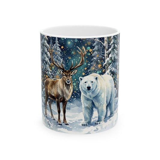 Winter Wildlife Deer and Polar Bear Ceramic Mug