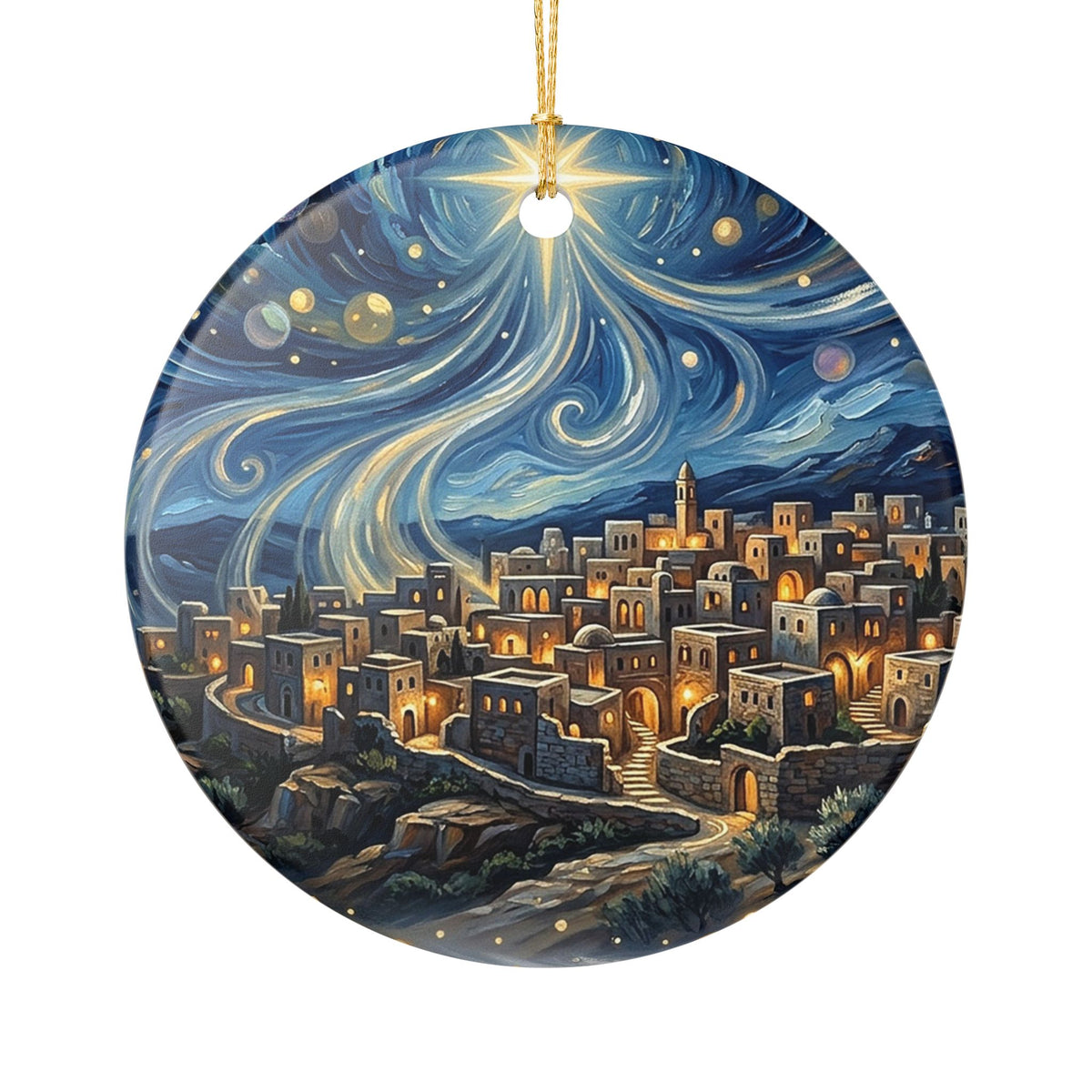 Ceramic Ornament – Starry Night Cityscape Holiday Tree Decoration