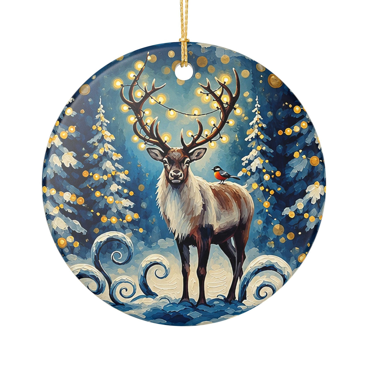 Ceramic Christmas Ornament – Winter Reindeer in Snowy Forest