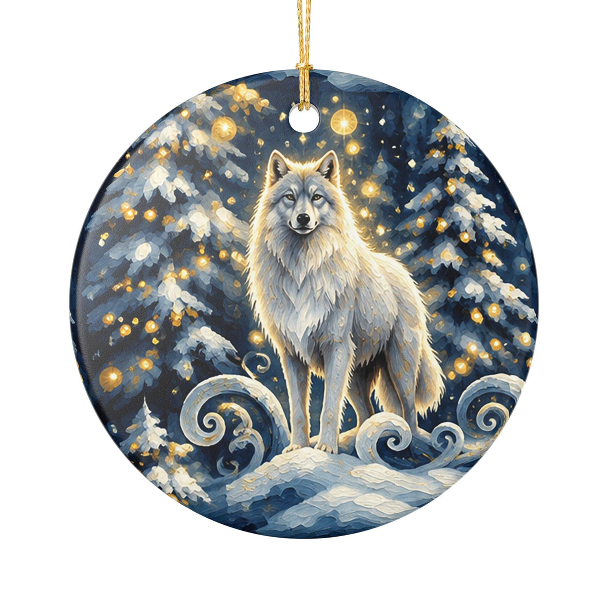 Ceramic Christmas Ornament – Winter Wolf in Enchanted Snowy Forest