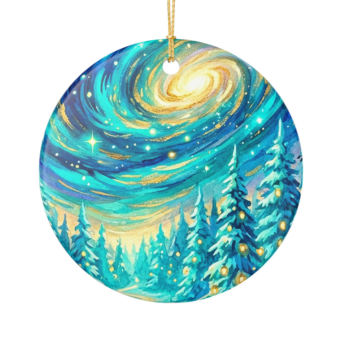 Winter Starry Night Forest Ceramic Ornament
