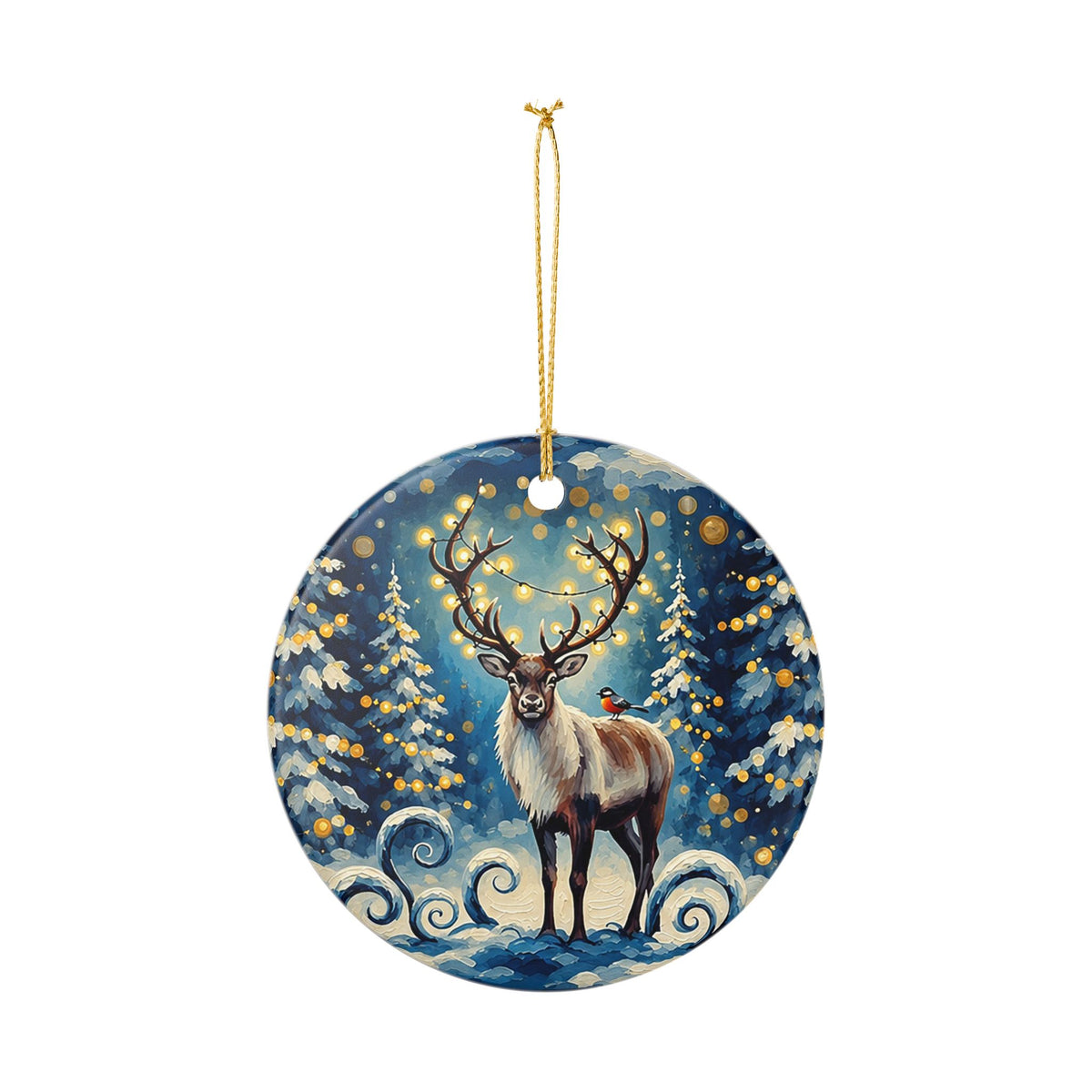 Ceramic Ornament – Winter Reindeer in Enchanted Forest