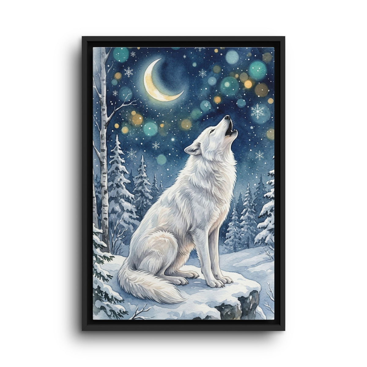 Framed Canvas Wall Art – Howling Wolf Under Moonlight – BokehWild Studios