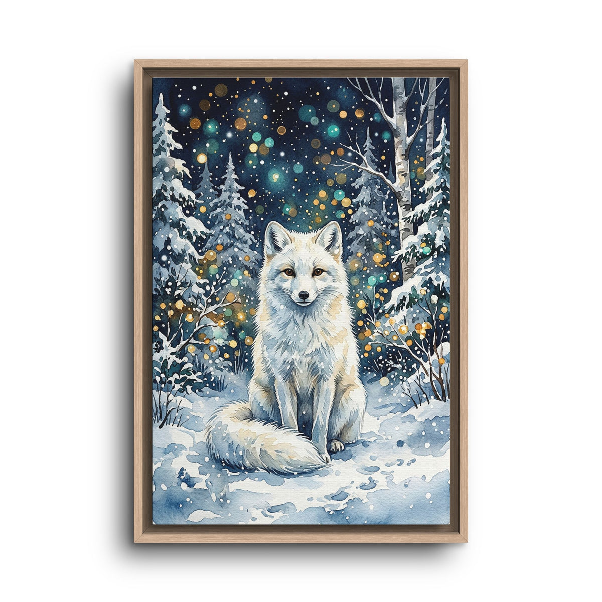 Framed Canvas: Winter White Fox in Snowy Forest
