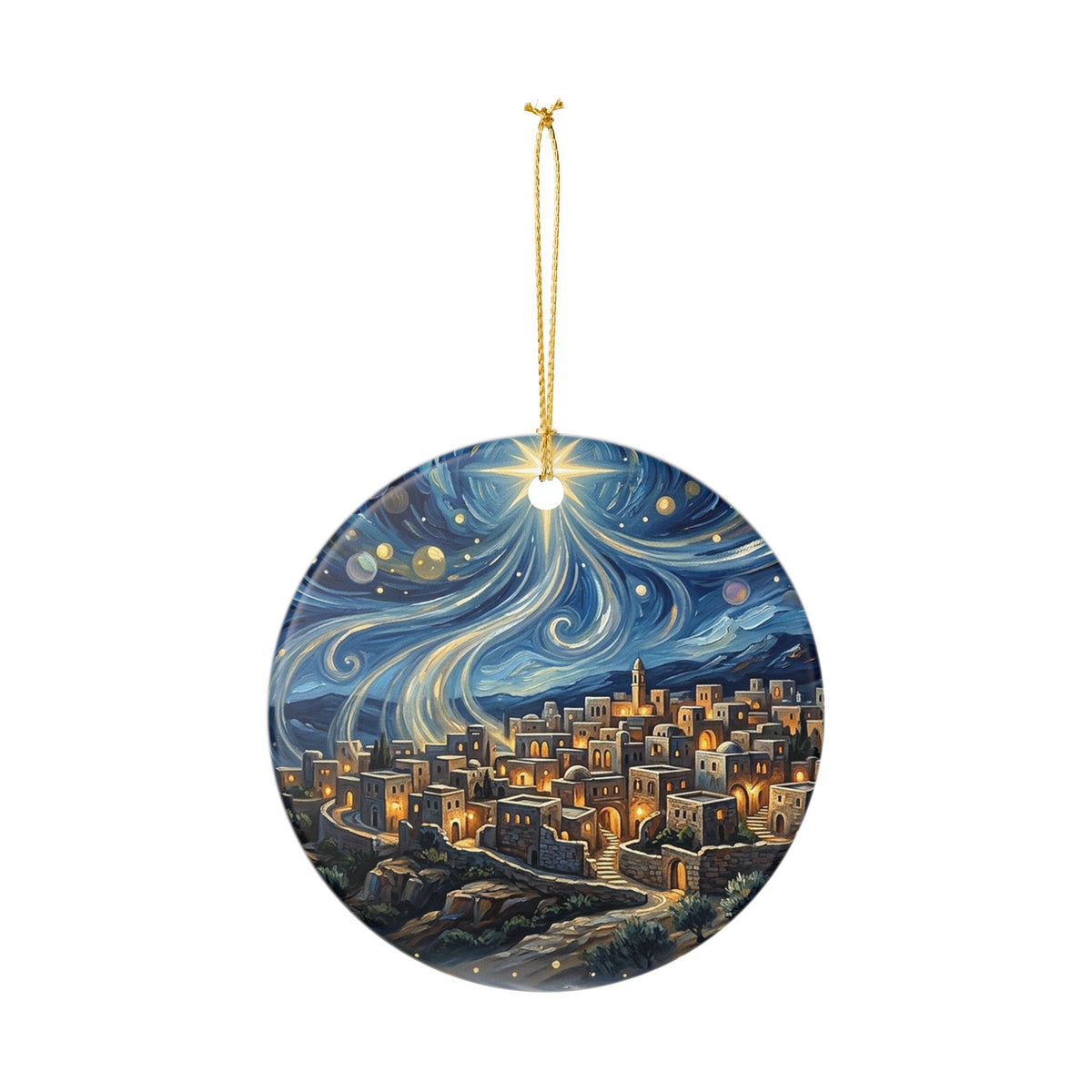 Ceramic Ornament – Starry Night Cityscape Holiday Tree Decoration
