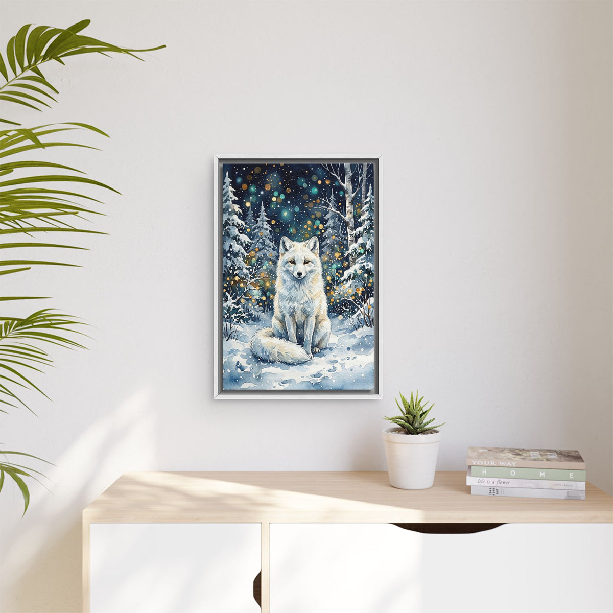 Framed Canvas: Winter White Fox in Snowy Forest