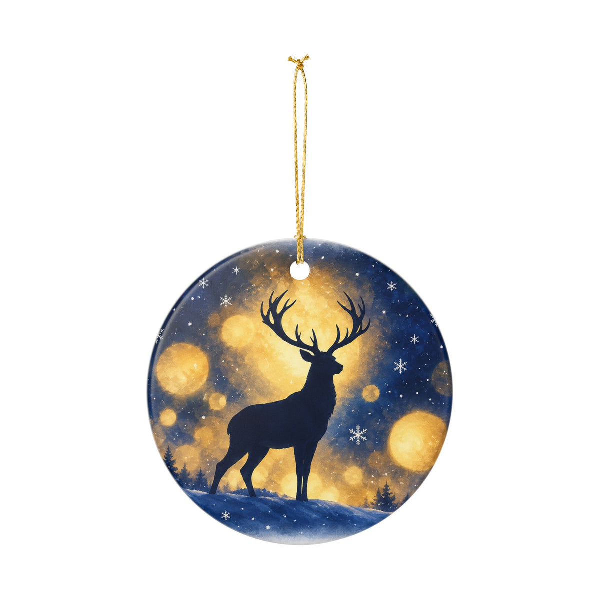 Ceramic Christmas Ornament with Majestic Reindeer Under a Starry Night Sky