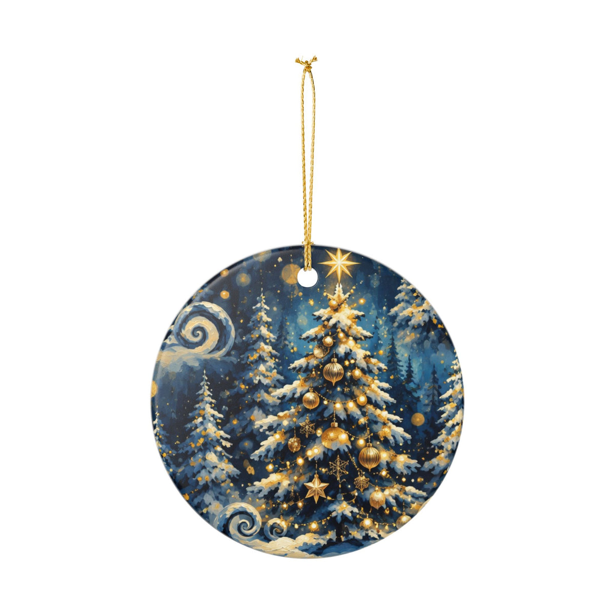 Gold & Blue Winter Christmas Tree Ceramic Ornament