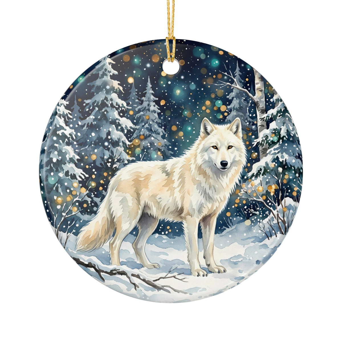 Winter Wolf Ceramic Ornament – Snowy Forest Christmas Tree Decoration
