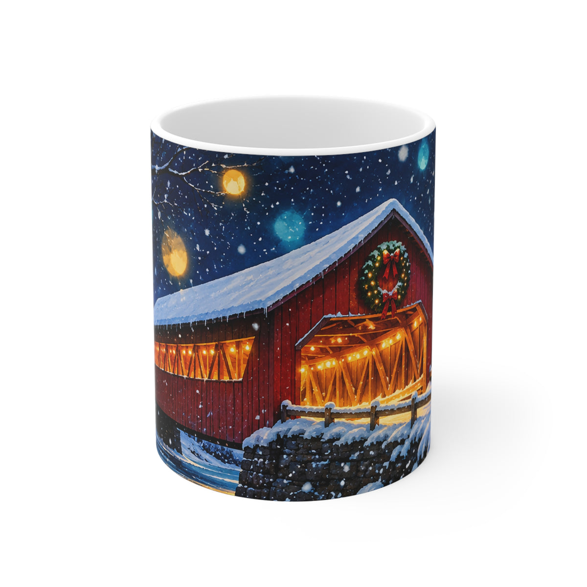 Holiday Covered Bridge Mug – Cozy Winter Night 11oz Coffee Cup