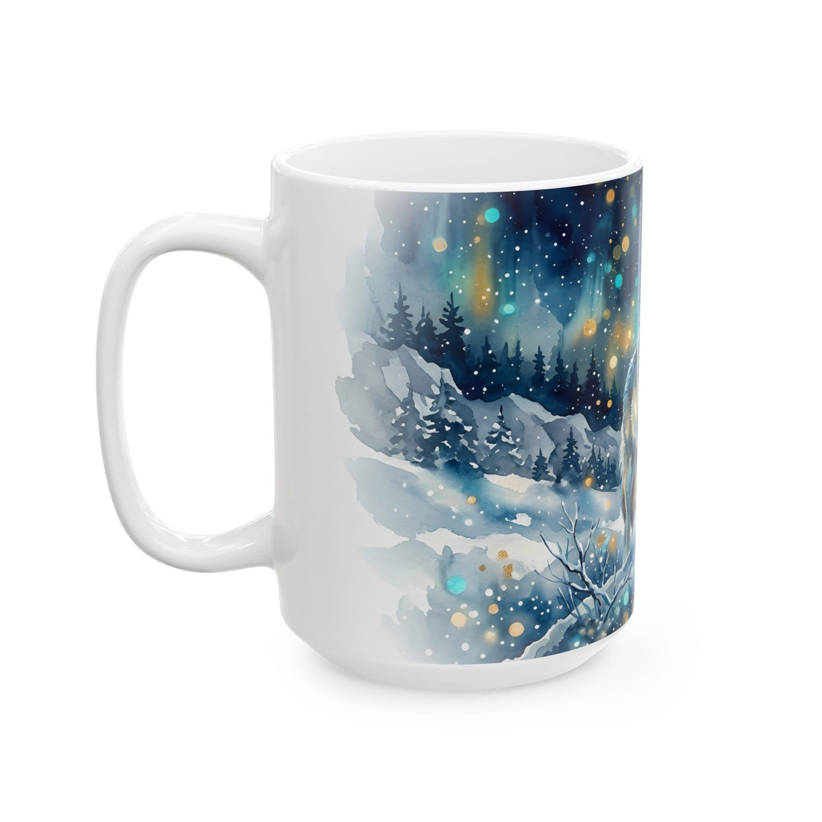 Winter Wolf Ceramic Mug – Mystical Moonlit Forest Wildlife Coffee Cup