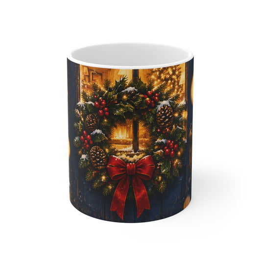 Christmas Wreath Mug — Festive Pinecone & Bow Holiday Coffee Cup (11 oz)