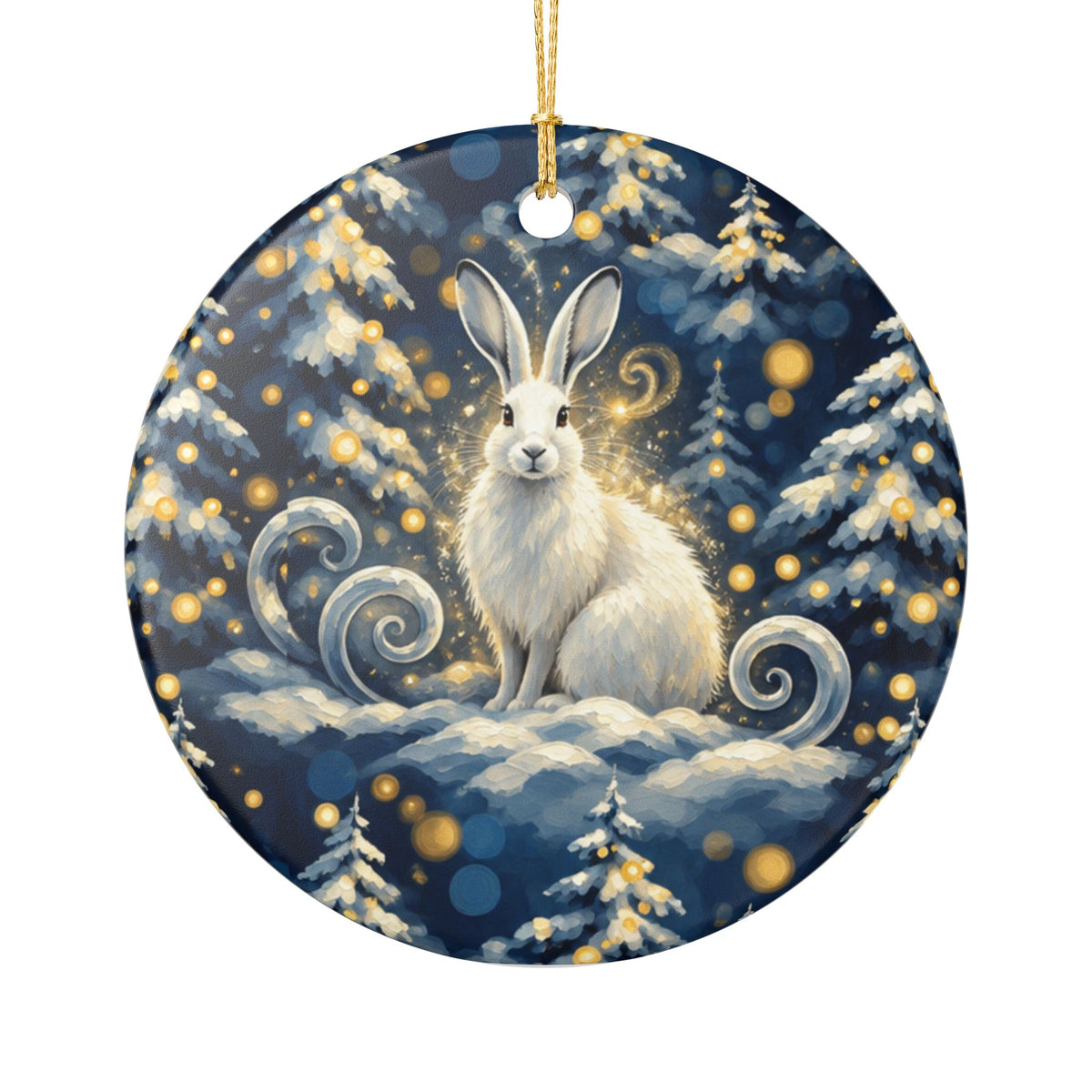 Snow Rabbit Ceramic Ornament — Winter Forest Holiday Decoration