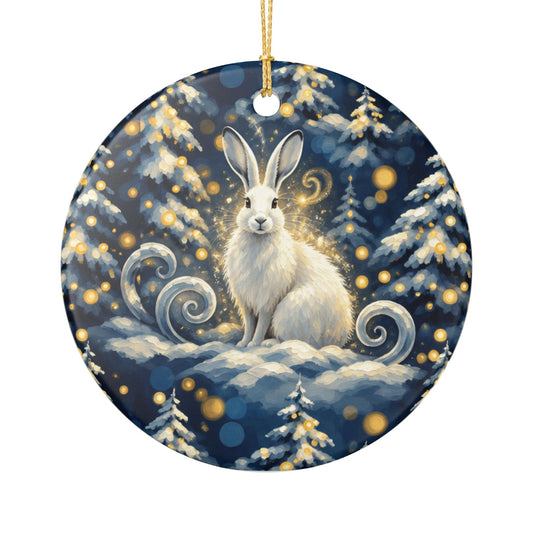 Snow Rabbit Ceramic Ornament — Winter Forest Holiday Decoration