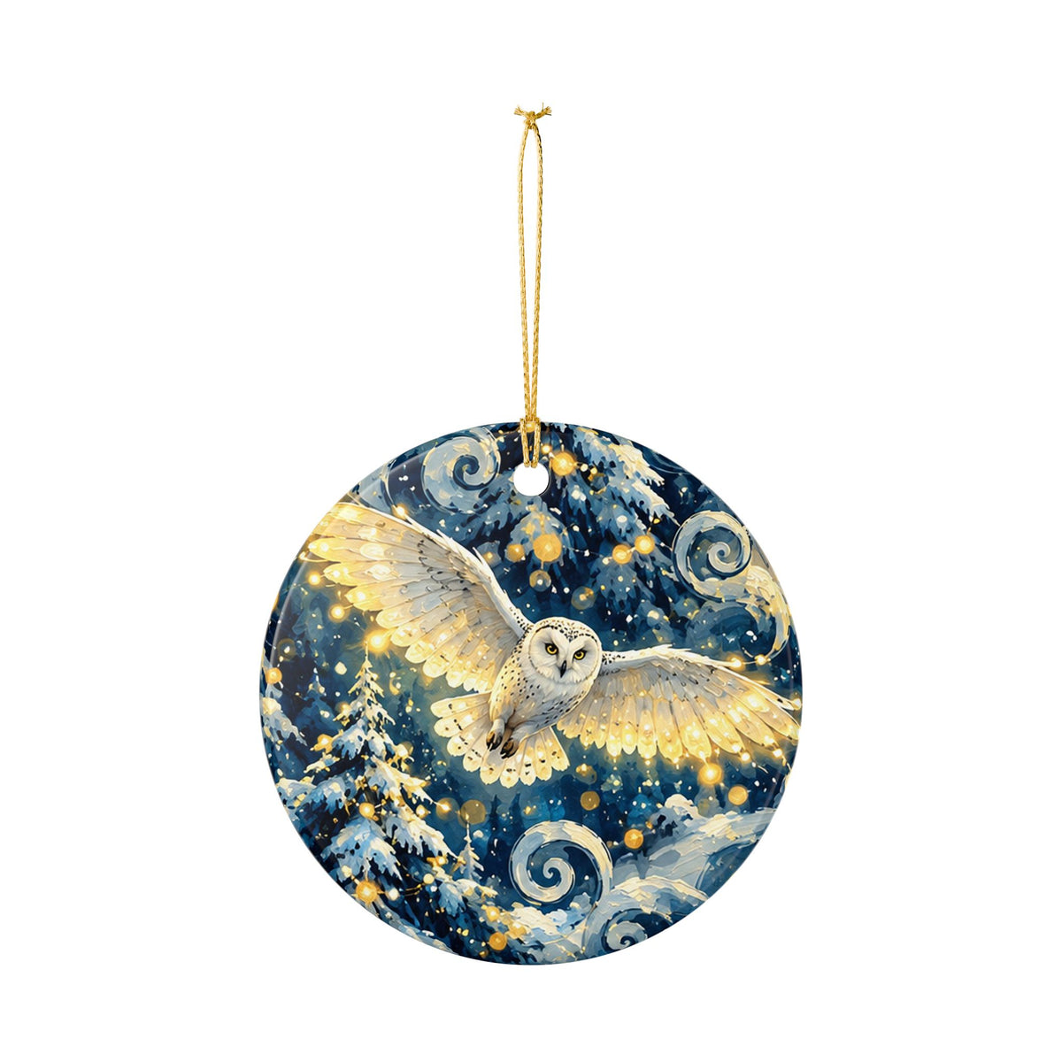Ceramic Ornament with Flying Owl and Winter Night Forest Design