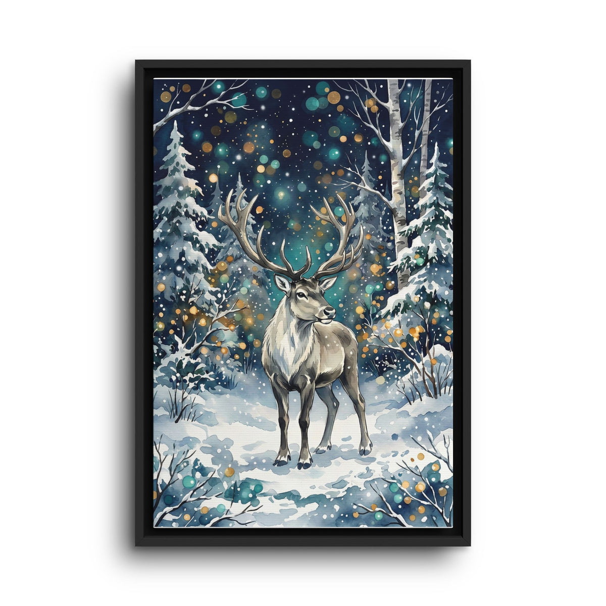Framed Canvas Winter Reindeer in Snowy Forest