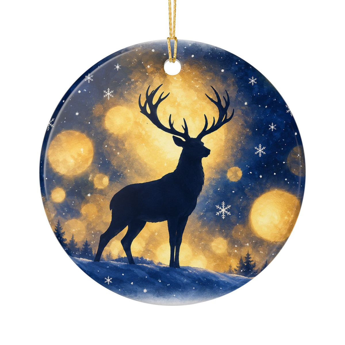 Ceramic Christmas Ornament with Majestic Reindeer Under a Starry Night Sky