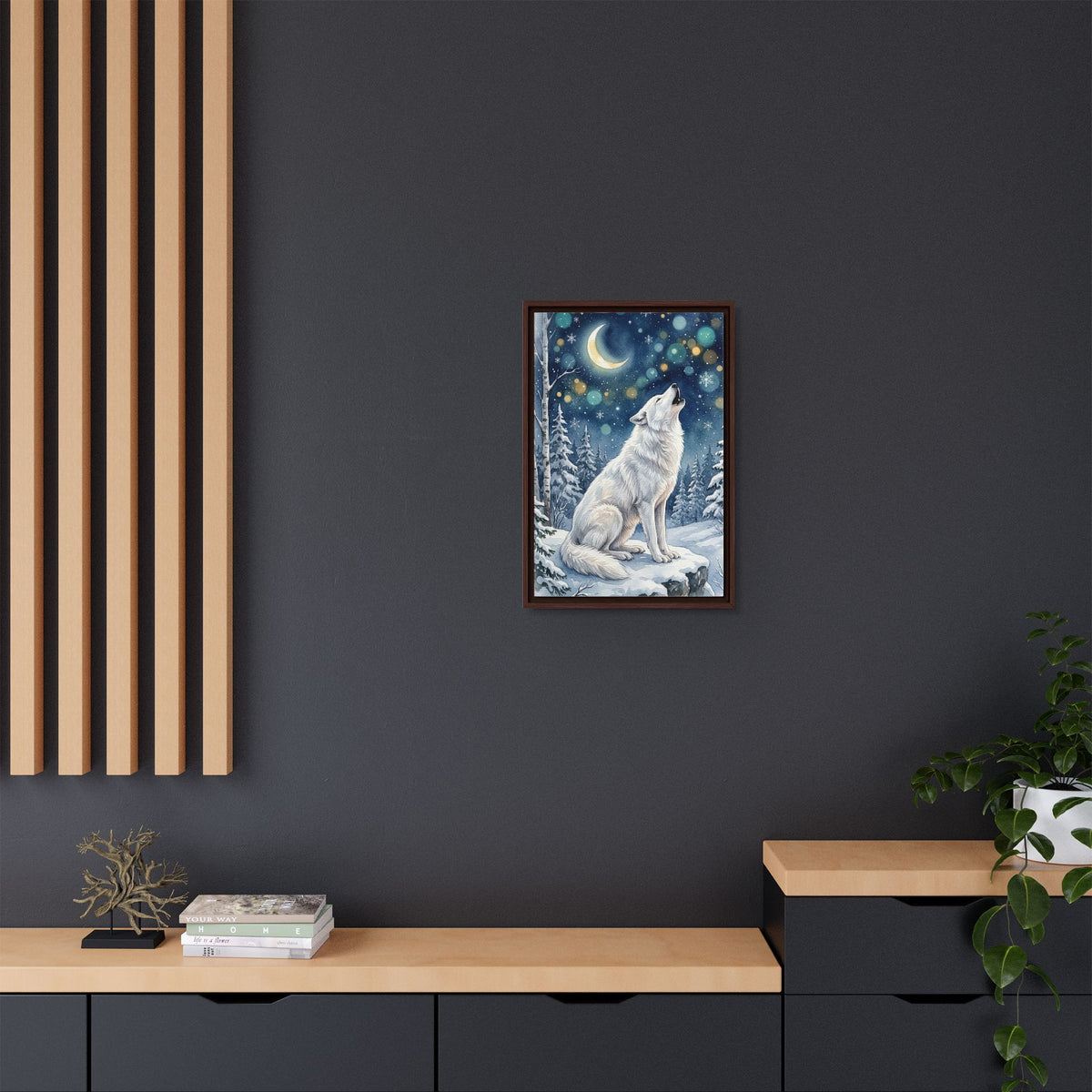 Framed Canvas Wall Art – Howling Wolf Under Moonlight