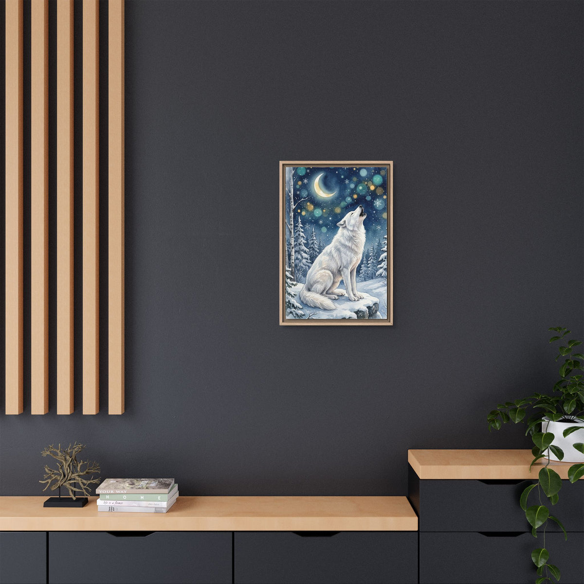 Framed Canvas Wall Art – Howling Wolf Under Moonlight
