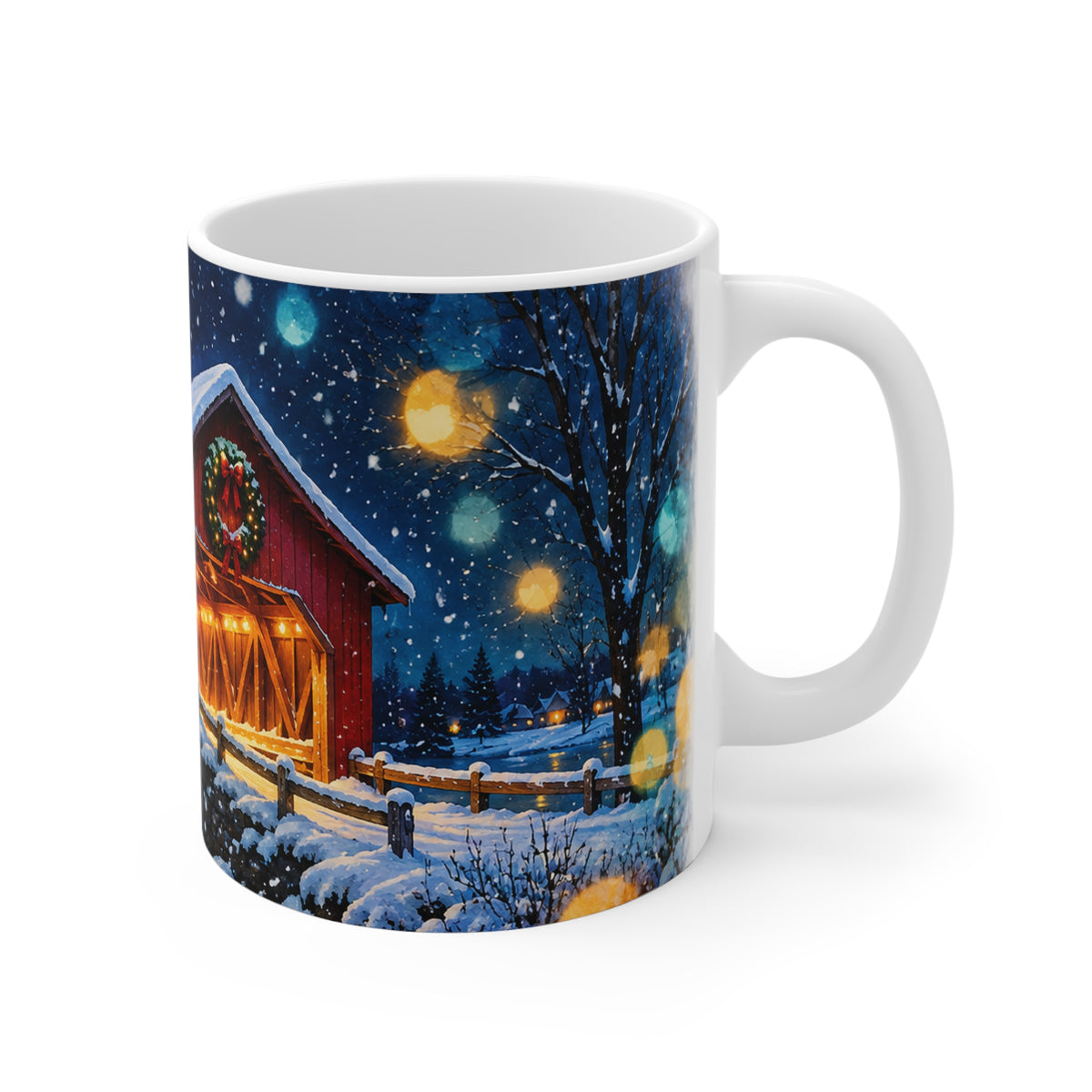 Holiday Covered Bridge Mug – Cozy Winter Night 11oz Coffee Cup