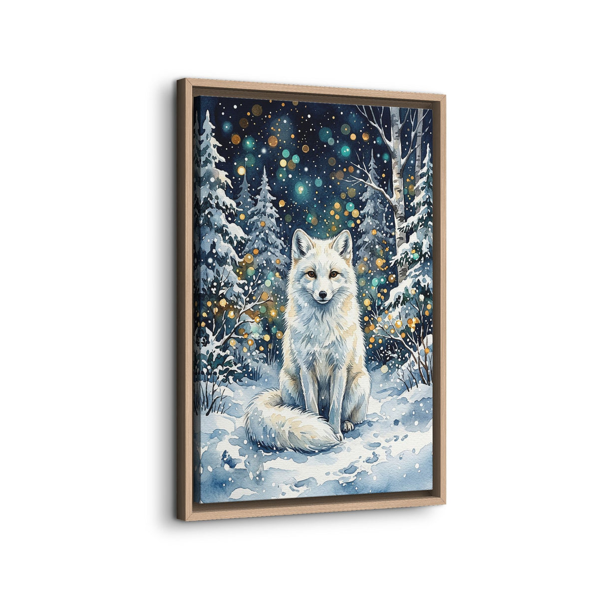 Framed Canvas: Winter White Fox in Snowy Forest