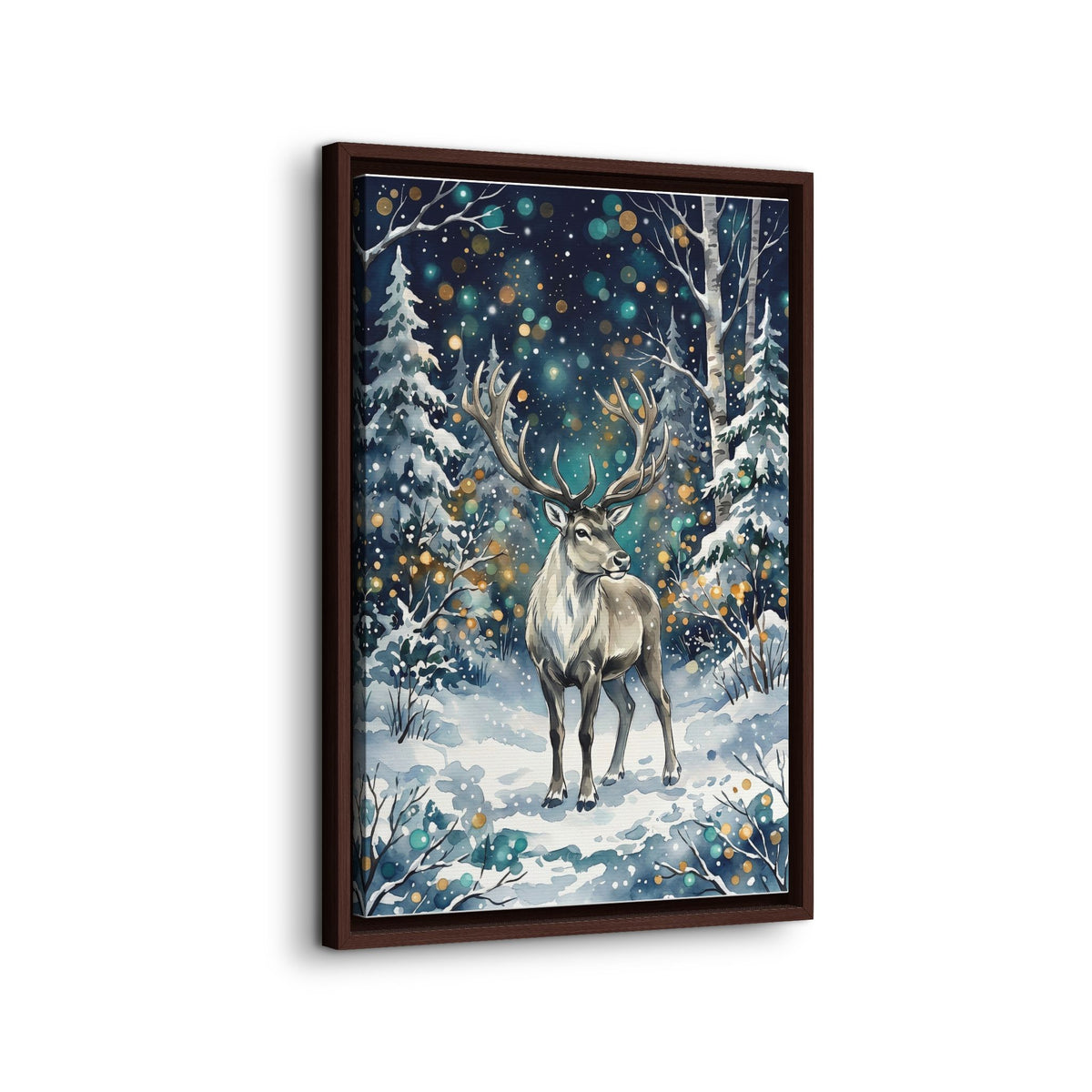 Framed Canvas Winter Reindeer in Snowy Forest