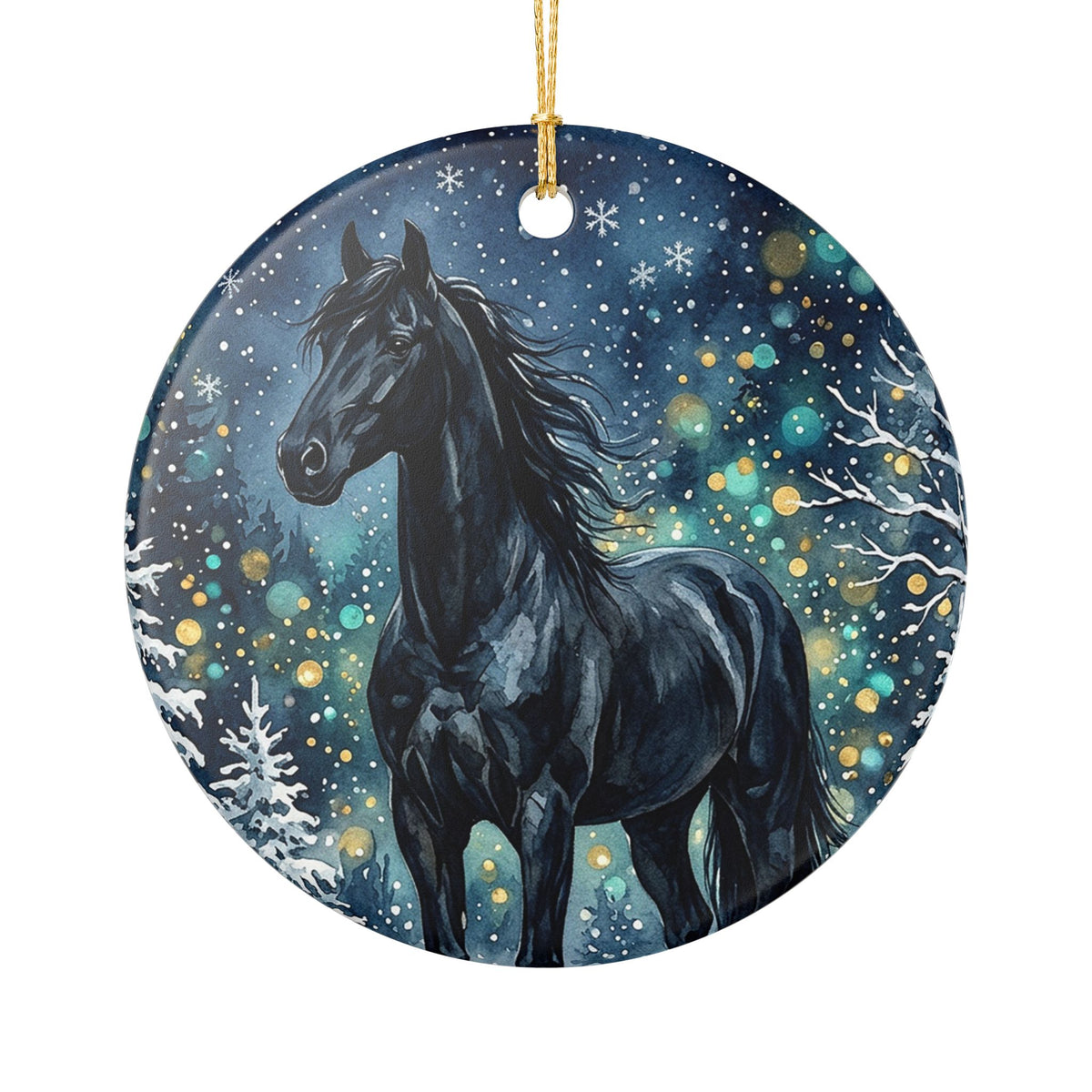 Black Horse Winter Wonderland Ceramic Ornament