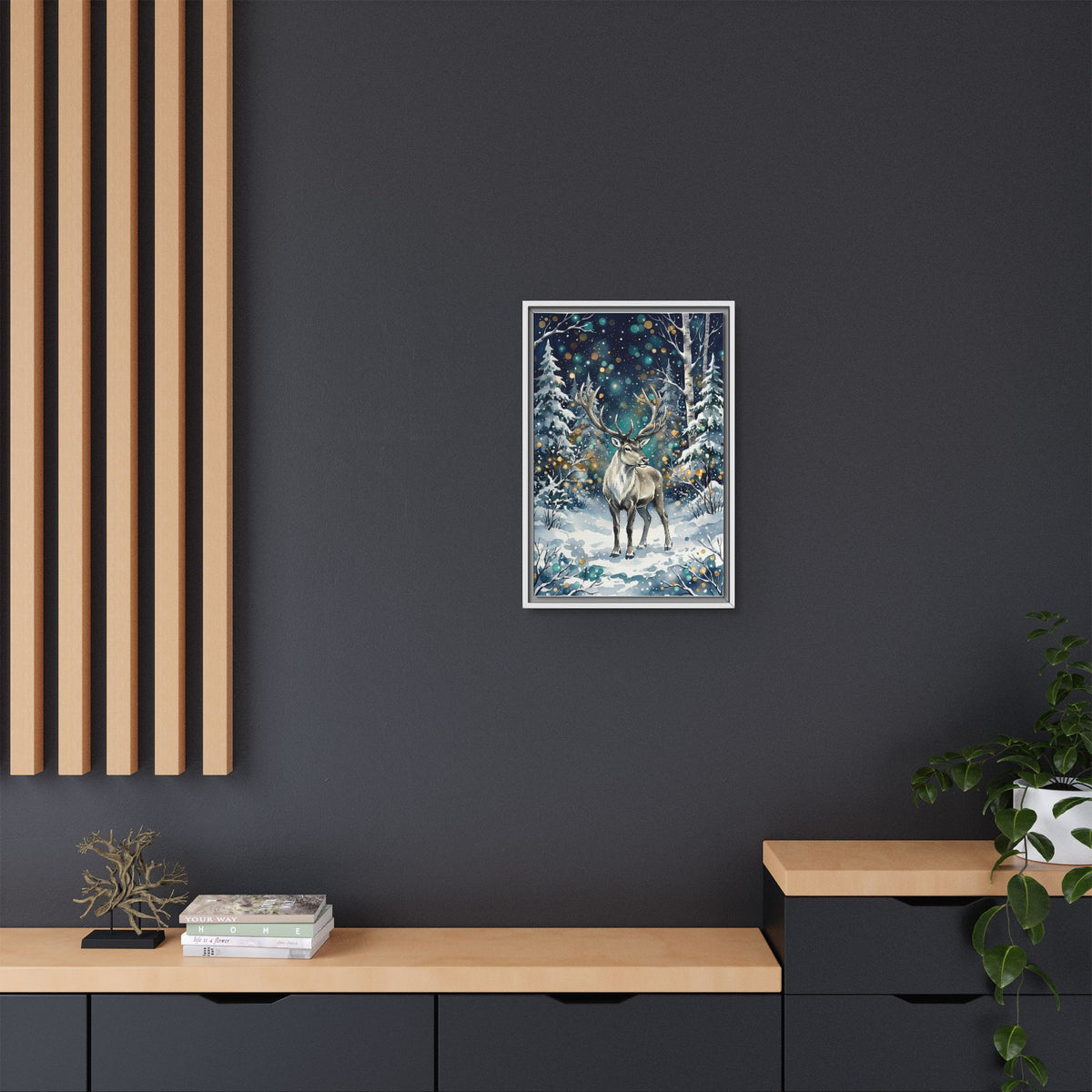 Framed Canvas Winter Reindeer in Snowy Forest