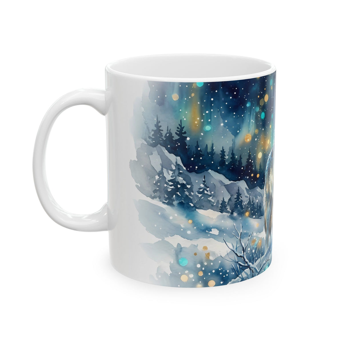 Winter Wolf Ceramic Mug – Mystical Moonlit Forest Wildlife Coffee Cup