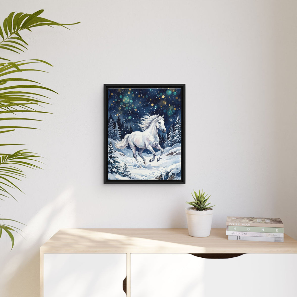 Framed Canvas Winter Unicorn in a Snowy Forest