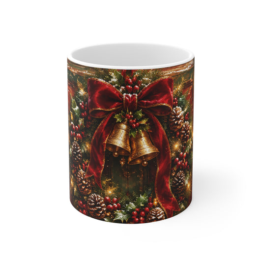 Christmas Wreath Mug – Festive Bells & Red Bow Holiday Coffee Cup (11 oz)
