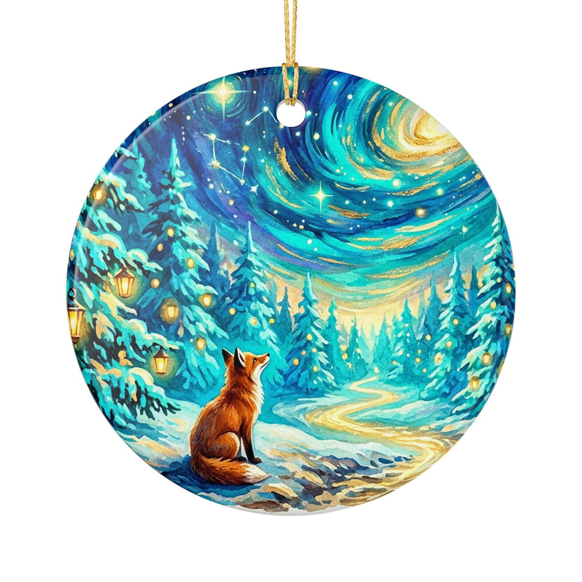 Ceramic Ornament, Mystical Winter Fox Under the Starry Night Sky