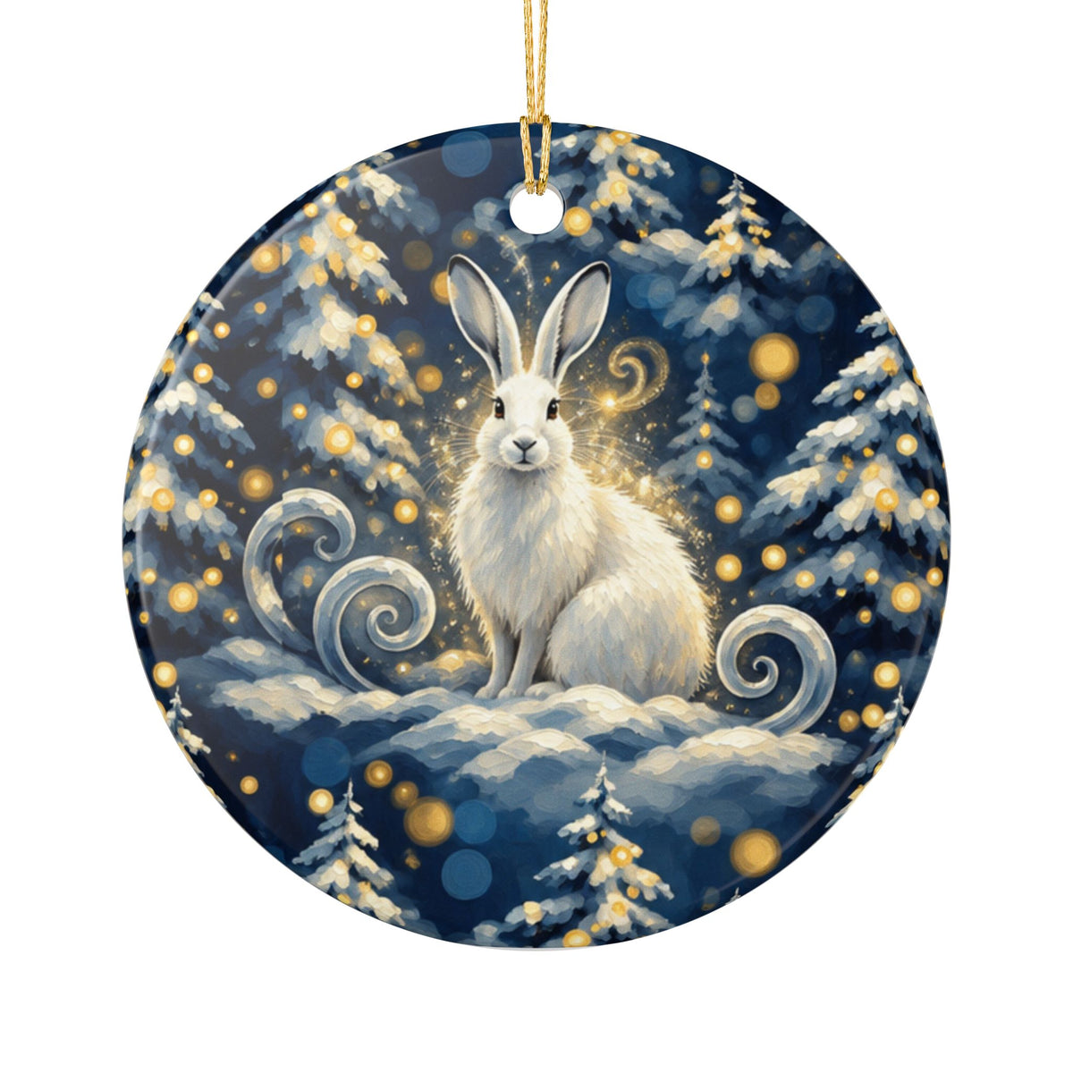 Snow Rabbit Ceramic Ornament — Winter Forest Holiday Decoration