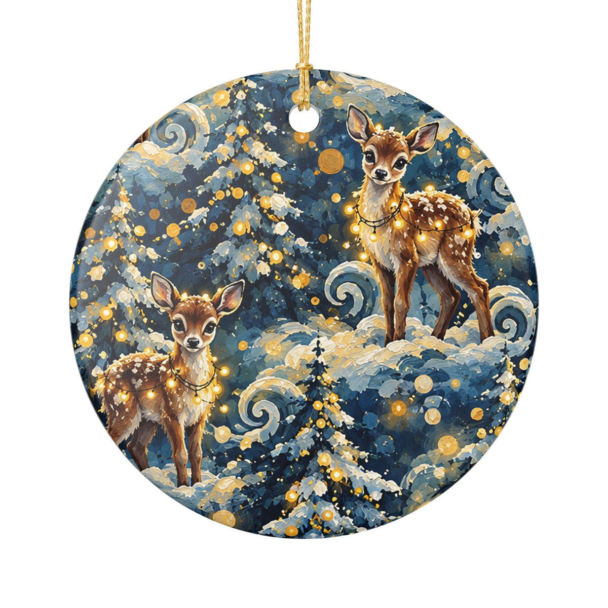 Ceramic Christmas Ornament with Whimsical Deer and Winter Forest Design