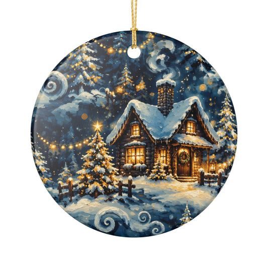 Winter Cottage Ceramic Ornament — Snowy Night Holiday Tree Decoration