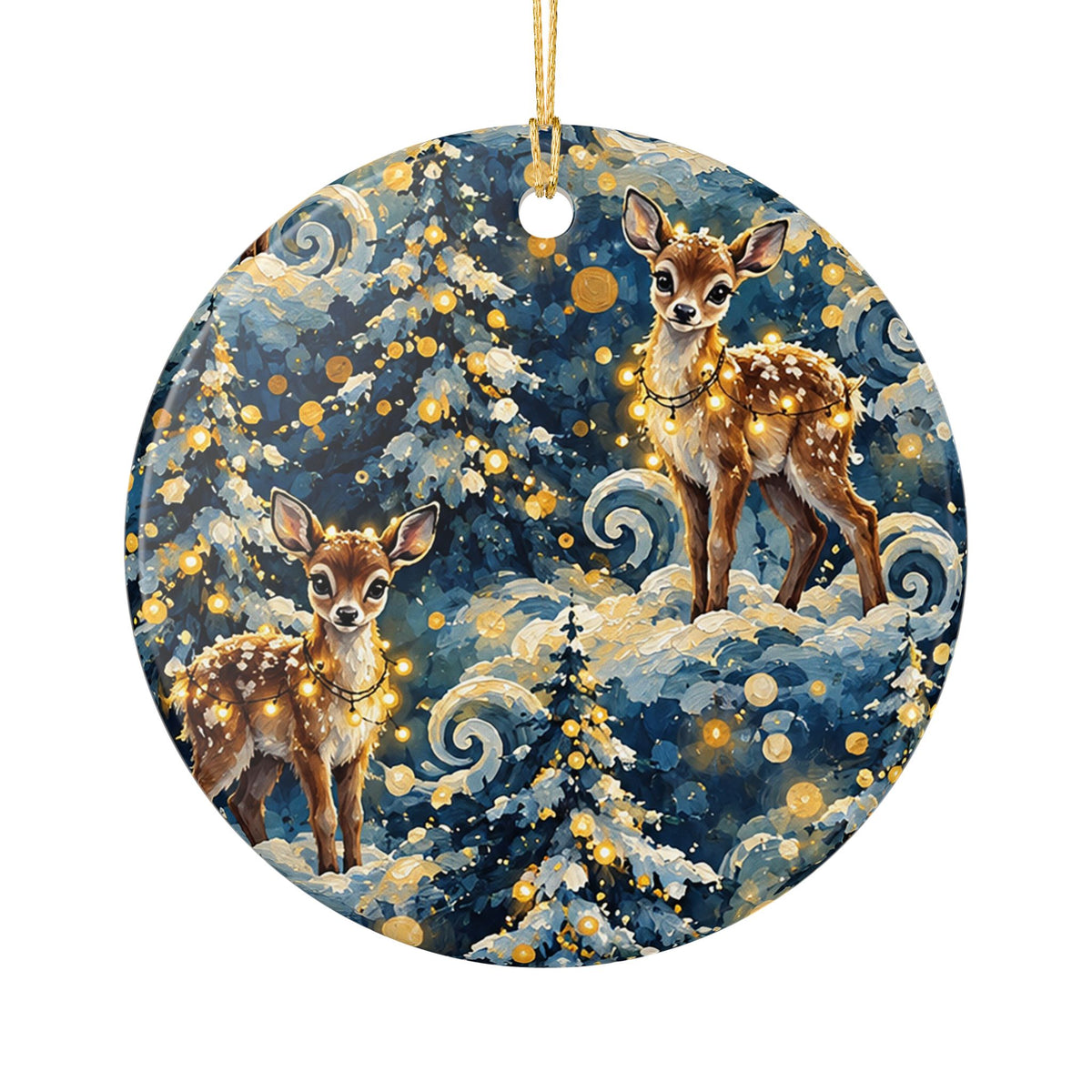 Ceramic Christmas Ornament with Whimsical Deer and Winter Forest Design