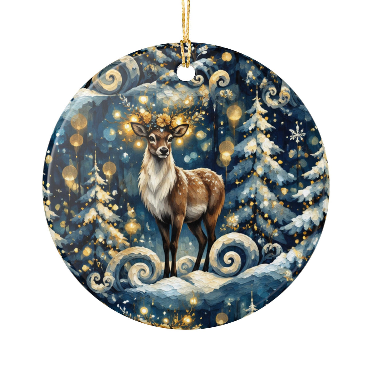 Reindeer Winter Forest Ceramic Ornament — Festive Holiday Tree Decoration