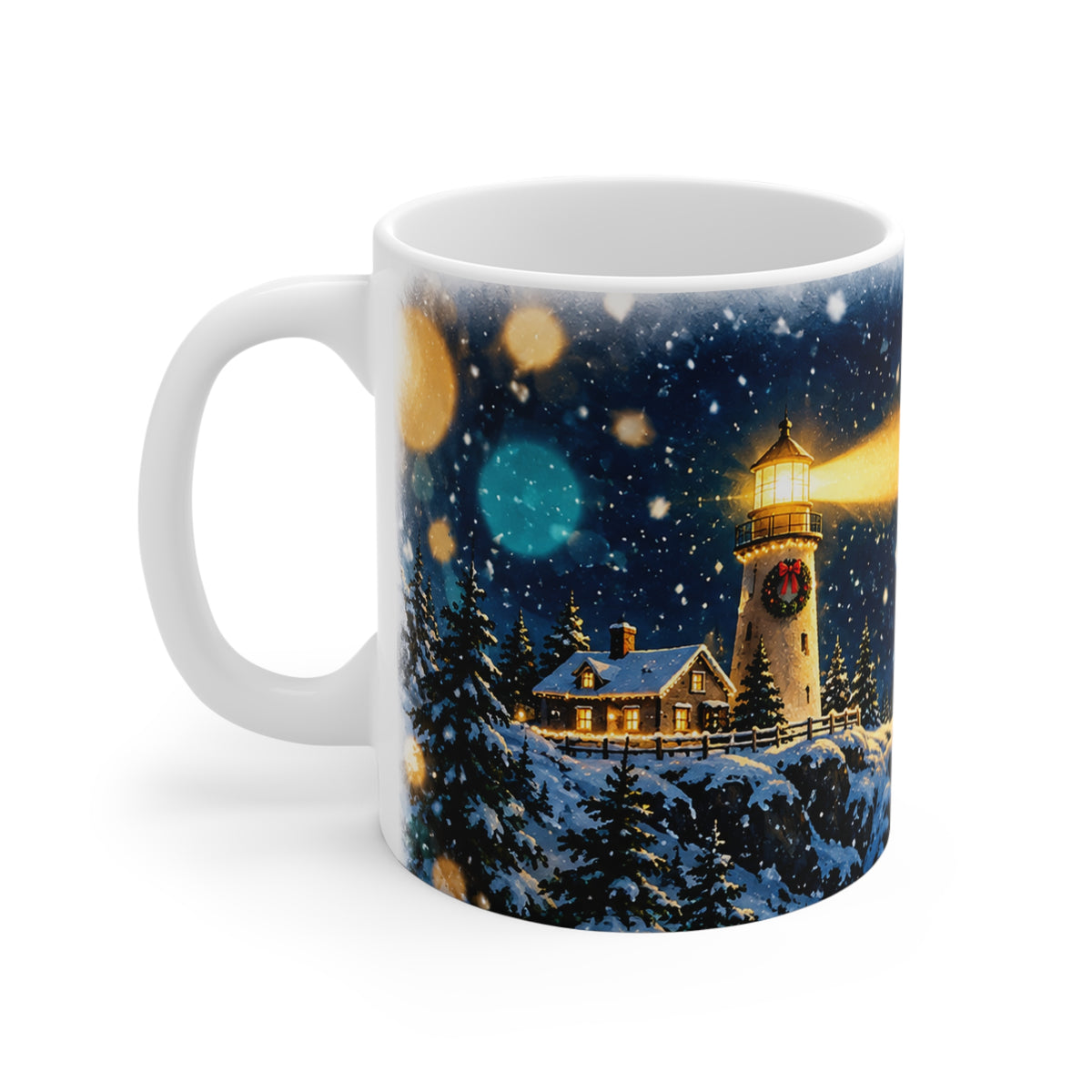Lighthouse Winter Night Mug — Cozy Snowy Holiday Coffee Cup