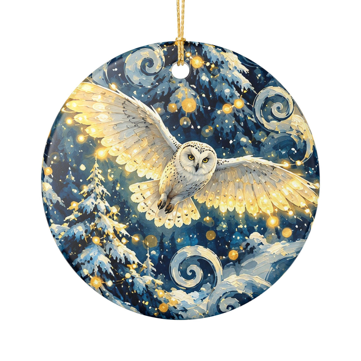 Ceramic Ornament with Flying Owl and Winter Night Forest Design
